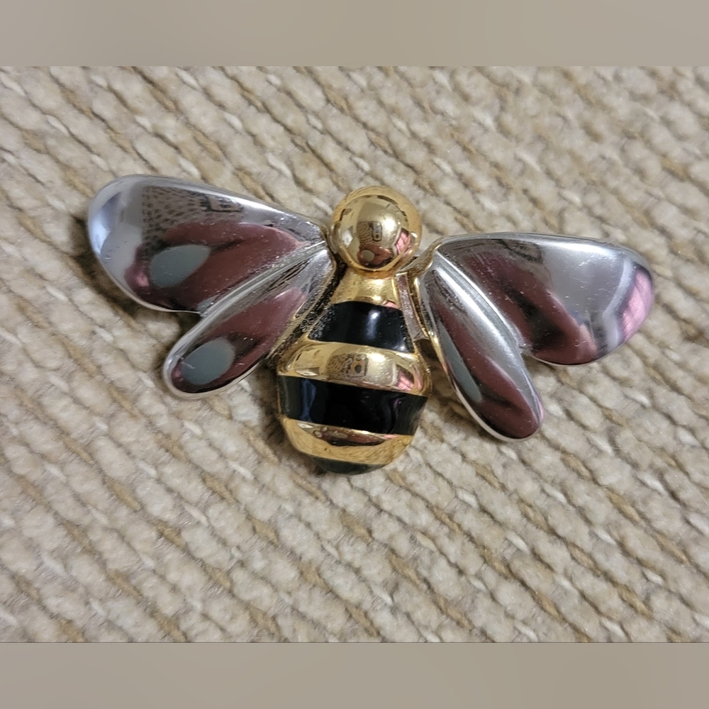 Gold & Silver Bee Brooch with Black Stripes